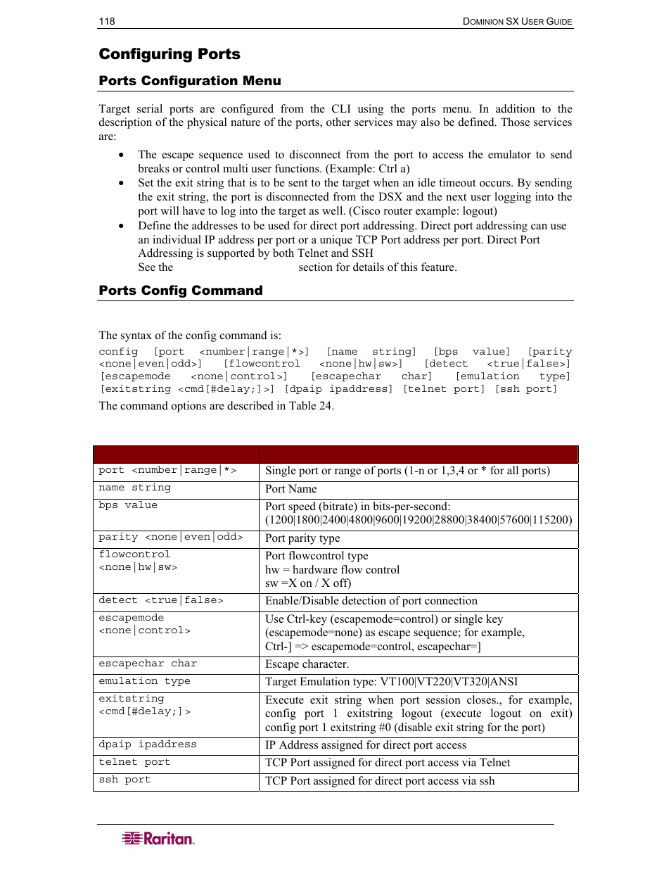 Configuring ports, Ports configuration menu, Ports config command | Table 24 port configuration command | Raritan Computer SX User Manual | Page 136 / 226