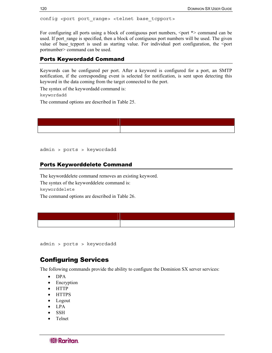 Configuring services, Ports keywordadd command, Ports keyworddelete command | Table 25 port keywordadd command, Table 26 port keyworddelete command | Raritan Computer SX User Manual | Page 138 / 226