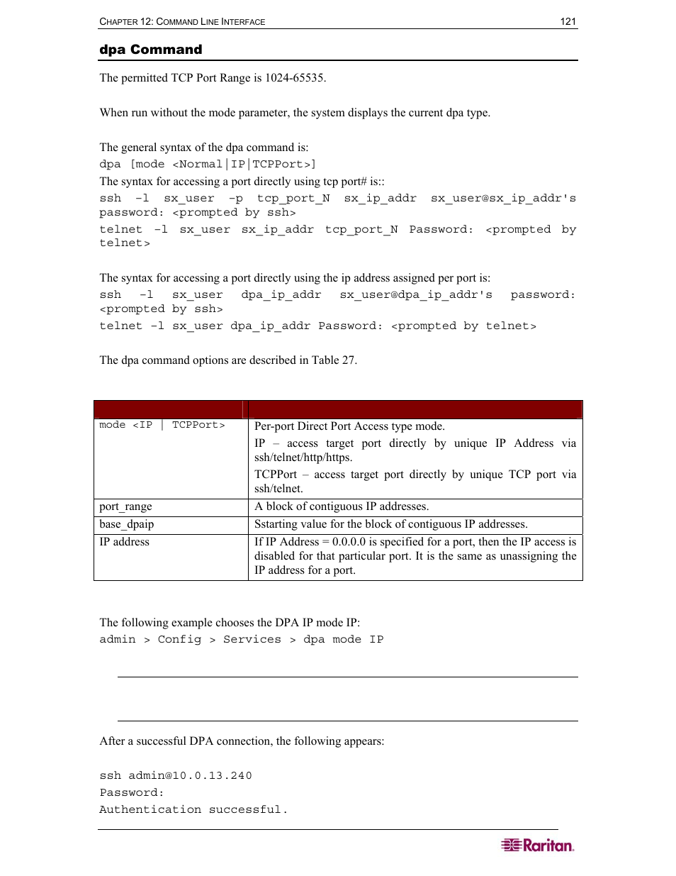 Dpa command, Table 27 dpa command | Raritan Computer SX User Manual | Page 139 / 226
