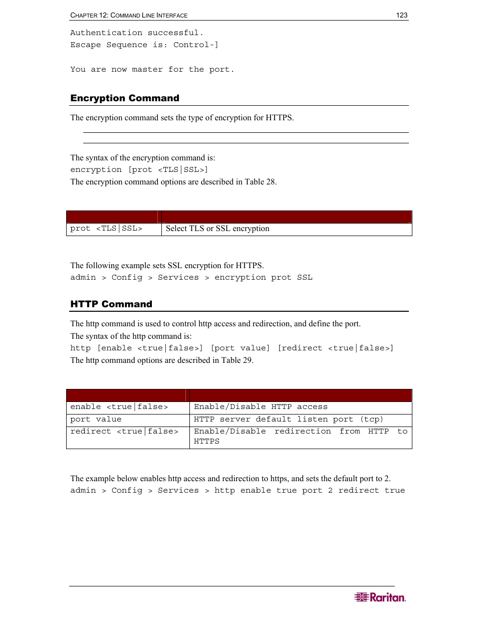 Encryption command, Http command, Table 28 encryption command | Table 29 http command | Raritan Computer SX User Manual | Page 141 / 226