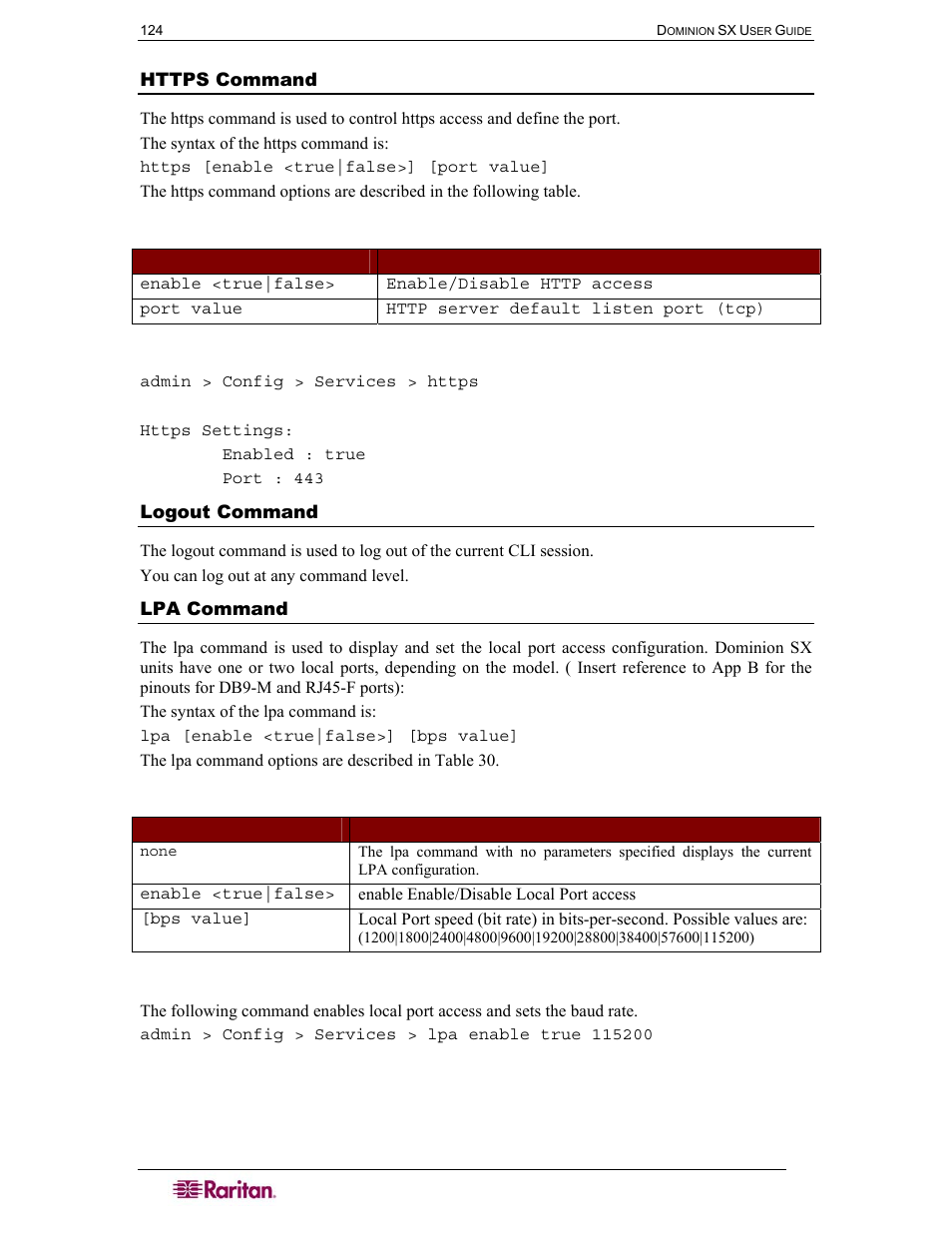 Https command, Logout command, Lpa command | Table 30 lpa command | Raritan Computer SX User Manual | Page 142 / 226