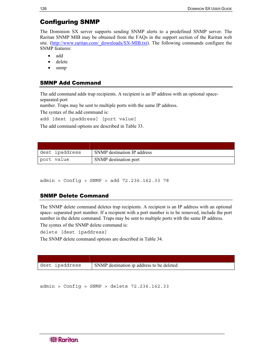 Configuring snmp, Smnp add command, Snmp delete command | Table 33 snmp add command, Table 34 snmp delete command | Raritan Computer SX User Manual | Page 144 / 226
