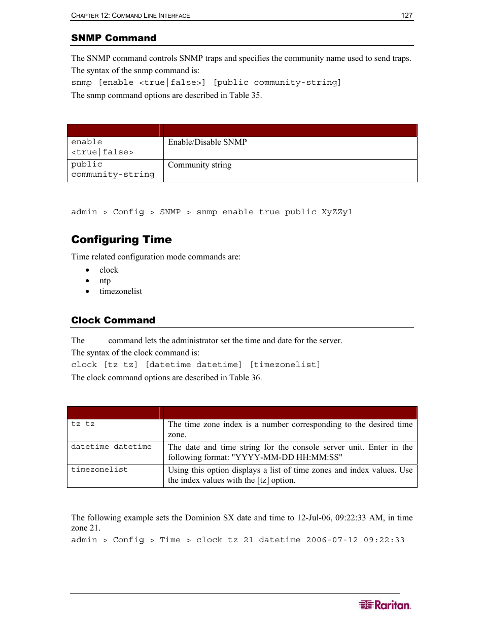 Configuring time, Snmp command, Clock command | Table 35 snmp command, Table 36 clock command | Raritan Computer SX User Manual | Page 145 / 226