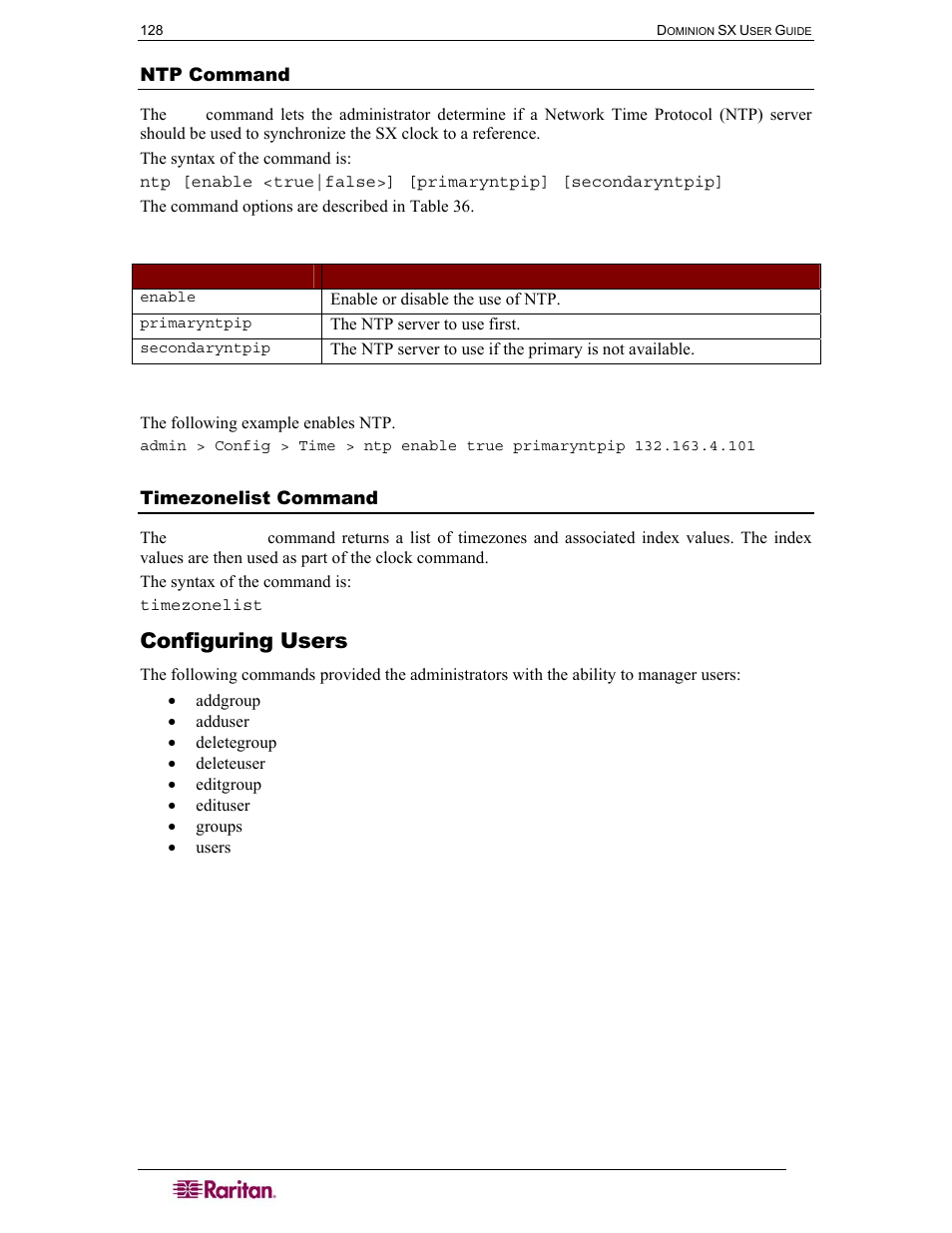 Configuring users, Ntp command, Timezonelist command | Table 37 ntp command | Raritan Computer SX User Manual | Page 146 / 226