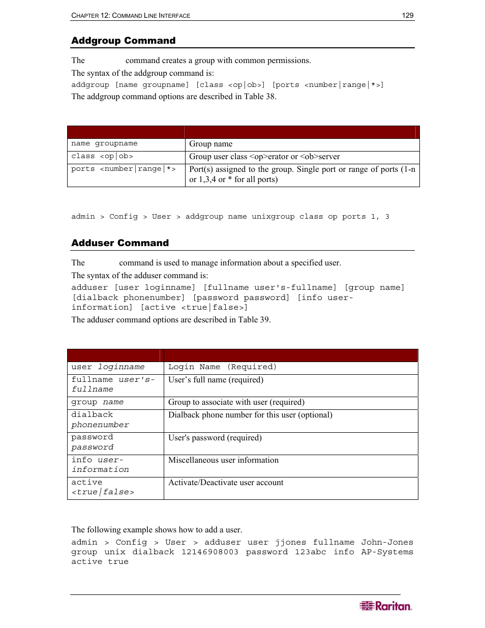 Addgroup command, Adduser command, Table 38 addgroup command | Table 39 adduser command | Raritan Computer SX User Manual | Page 147 / 226