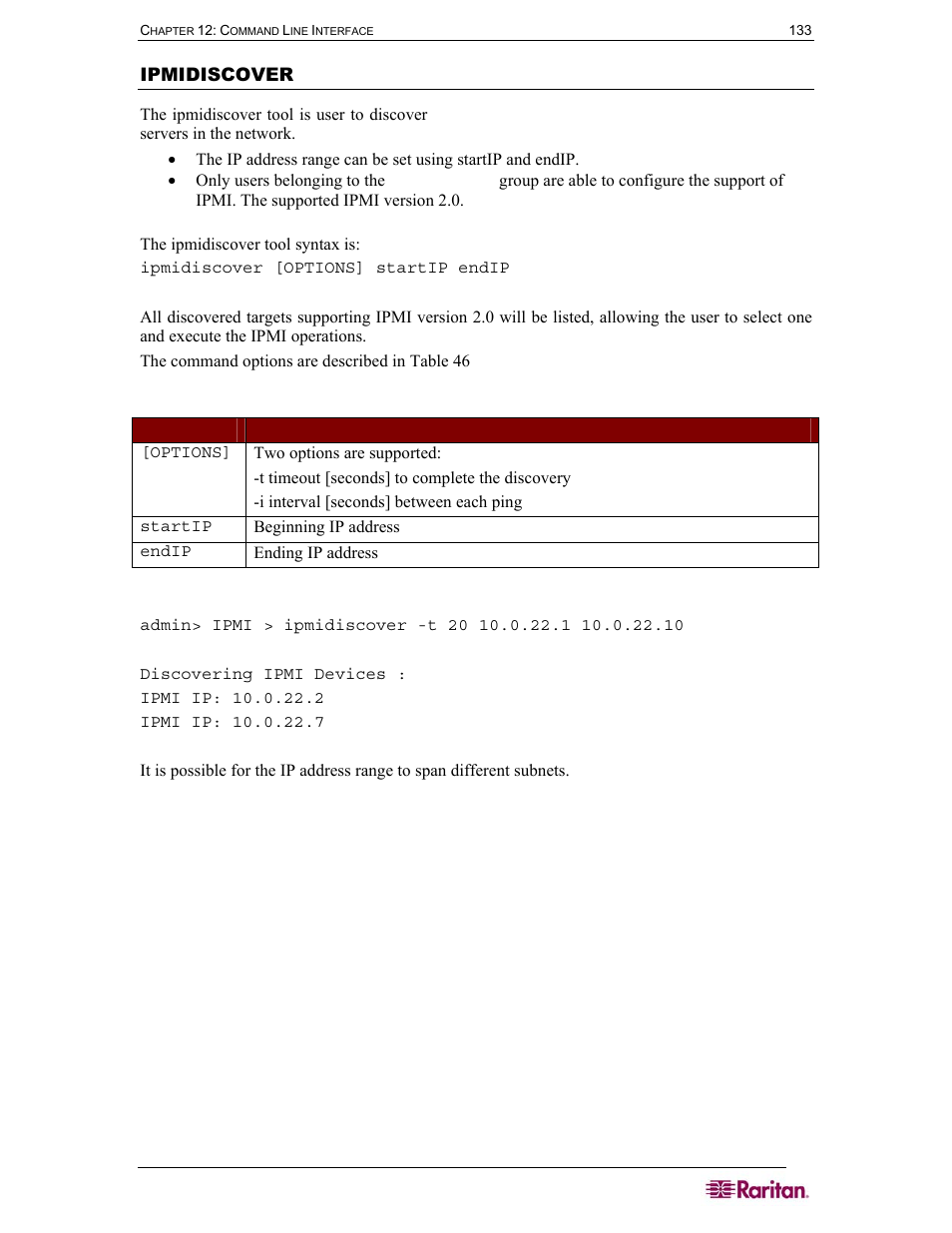Ipmidiscover, Table 46 ipmidiscover command | Raritan Computer SX User Manual | Page 151 / 226