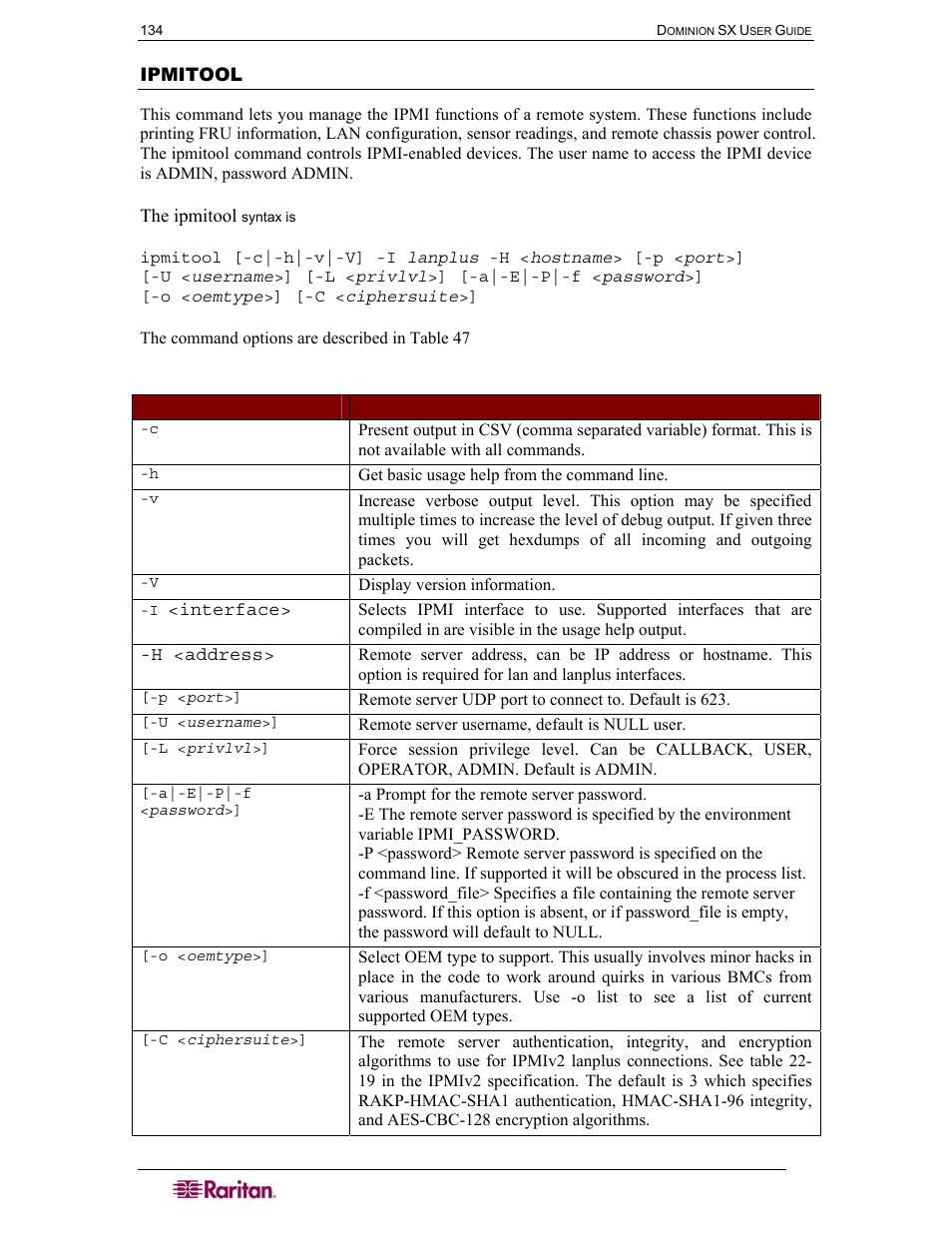 Ipmitool, Table 47 ipmitool command | Raritan Computer SX User Manual | Page 152 / 226