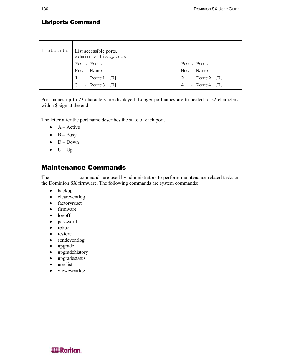 Maintenance commands, Listports command, Table 48 listports command | Raritan Computer SX User Manual | Page 154 / 226