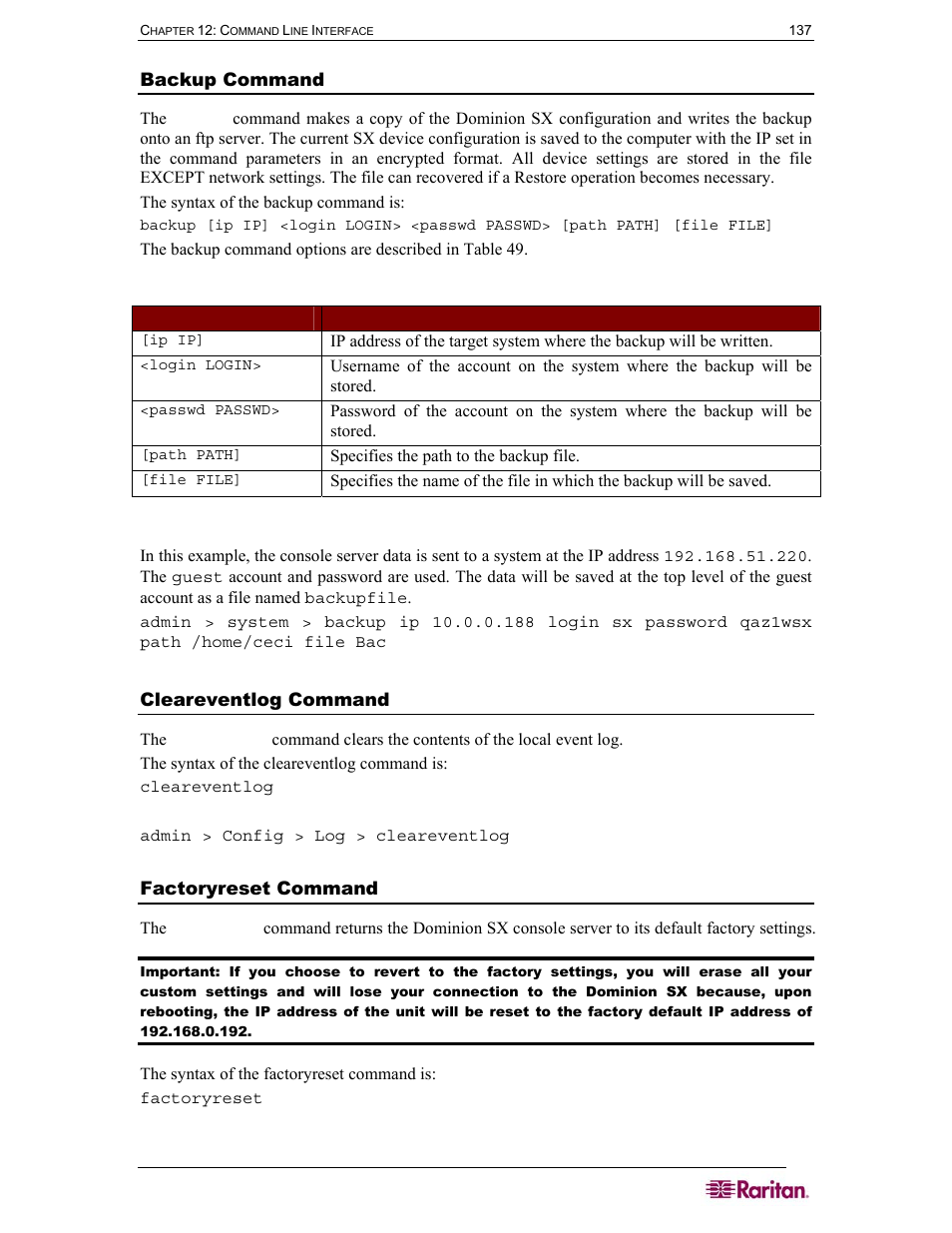 Backup command, Cleareventlog command, Factoryreset command | Table 49 backup command | Raritan Computer SX User Manual | Page 155 / 226
