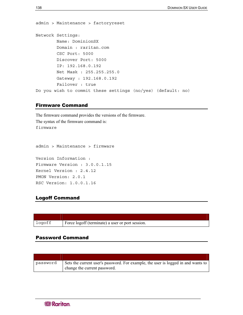 Firmware command, Logoff command, Password command | Table 50 logoff command, Table 51 password command | Raritan Computer SX User Manual | Page 156 / 226