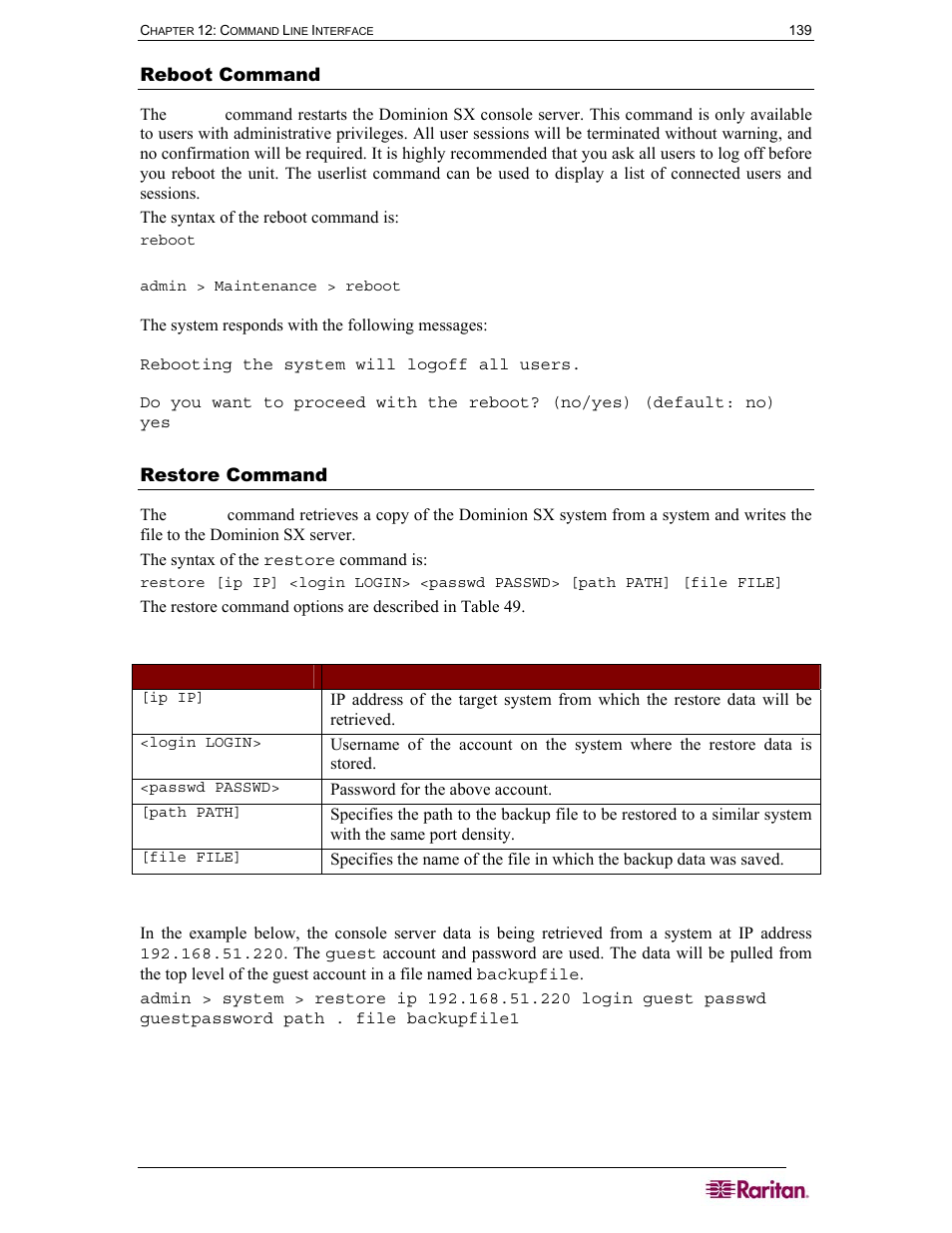 Reboot command, Restore command, Table 52 restore command | Raritan Computer SX User Manual | Page 157 / 226