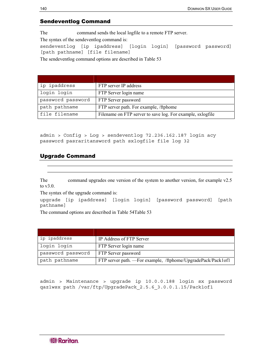Sendeventlog command, Upgrade command, Table 53 sendeventlog command | Table 54 upgrade command | Raritan Computer SX User Manual | Page 158 / 226