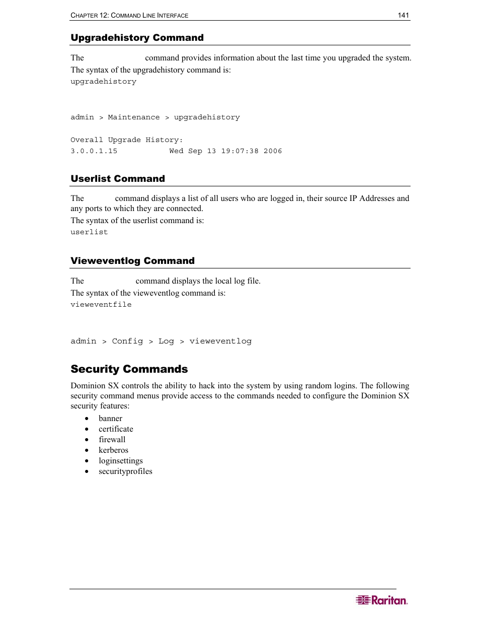 Security commands, Upgradehistory command, Userlist command | Vieweventlog command | Raritan Computer SX User Manual | Page 159 / 226