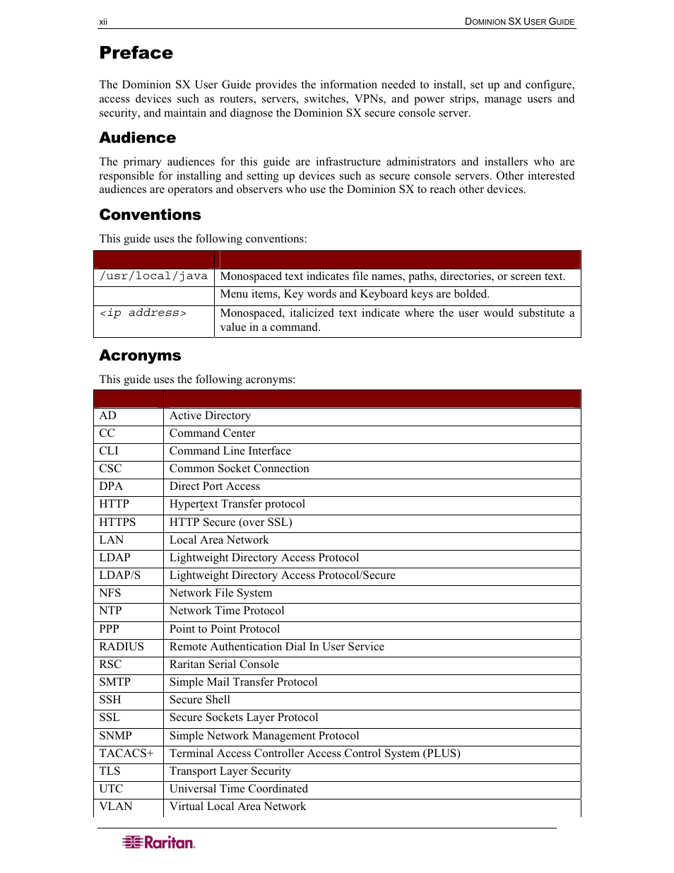 Preface, Audience, Conventions | Acronyms | Raritan Computer SX User Manual | Page 16 / 226