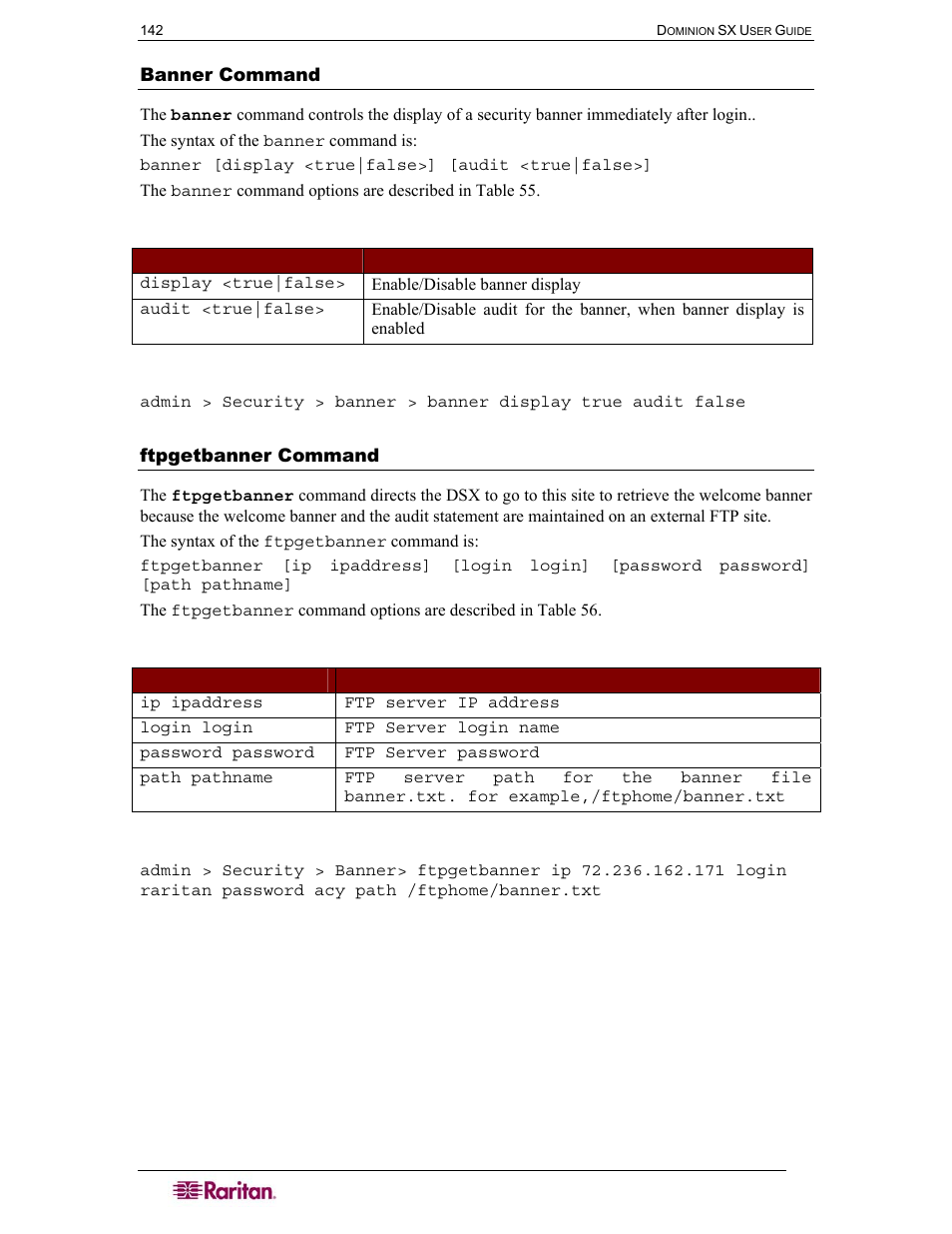 Banner command, Ftpgetbanner command, Table 55 banner command | Table 56 ftpgetbanner command | Raritan Computer SX User Manual | Page 160 / 226