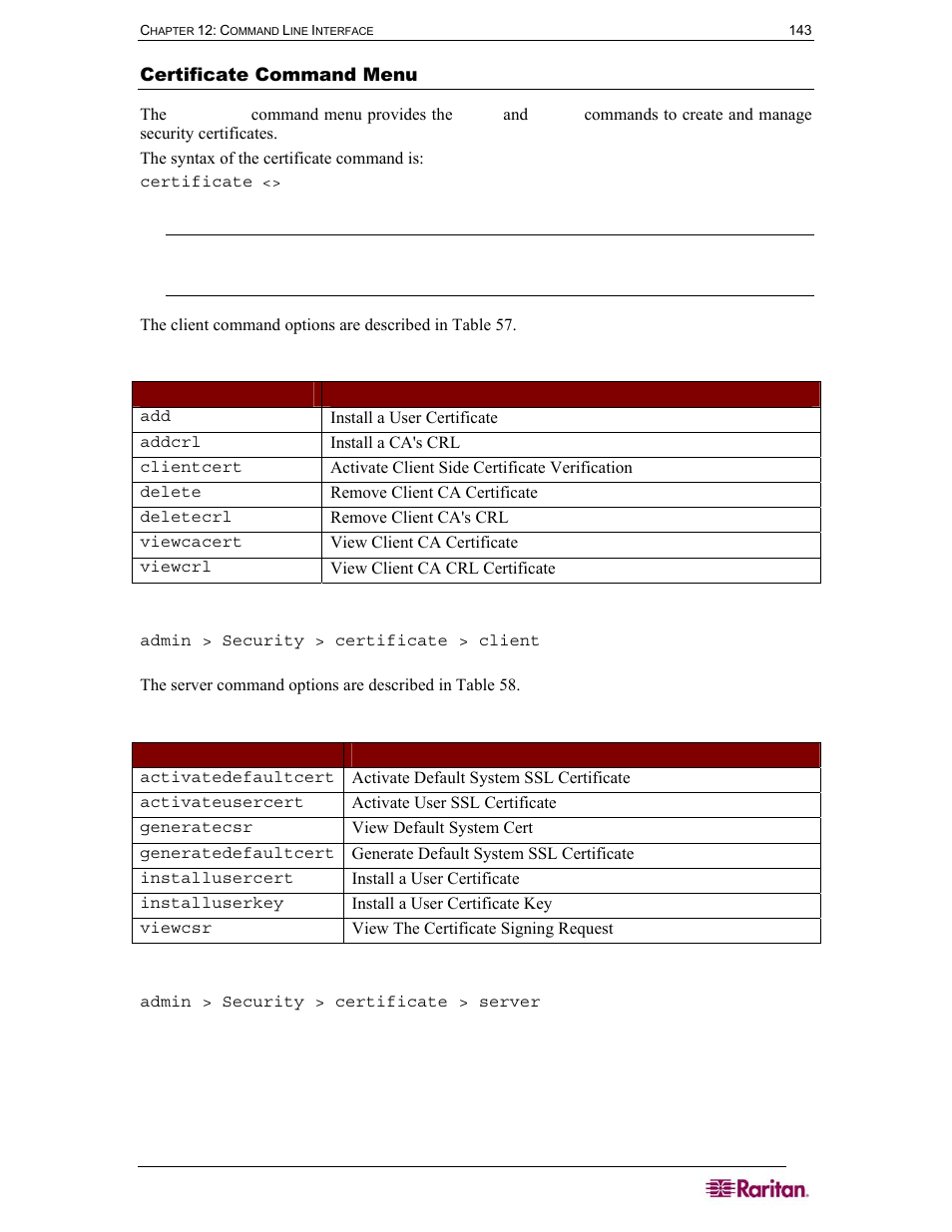 Certificate command menu, Table 57 certificate client commands, Table 58 certificate server commands | Raritan Computer SX User Manual | Page 161 / 226