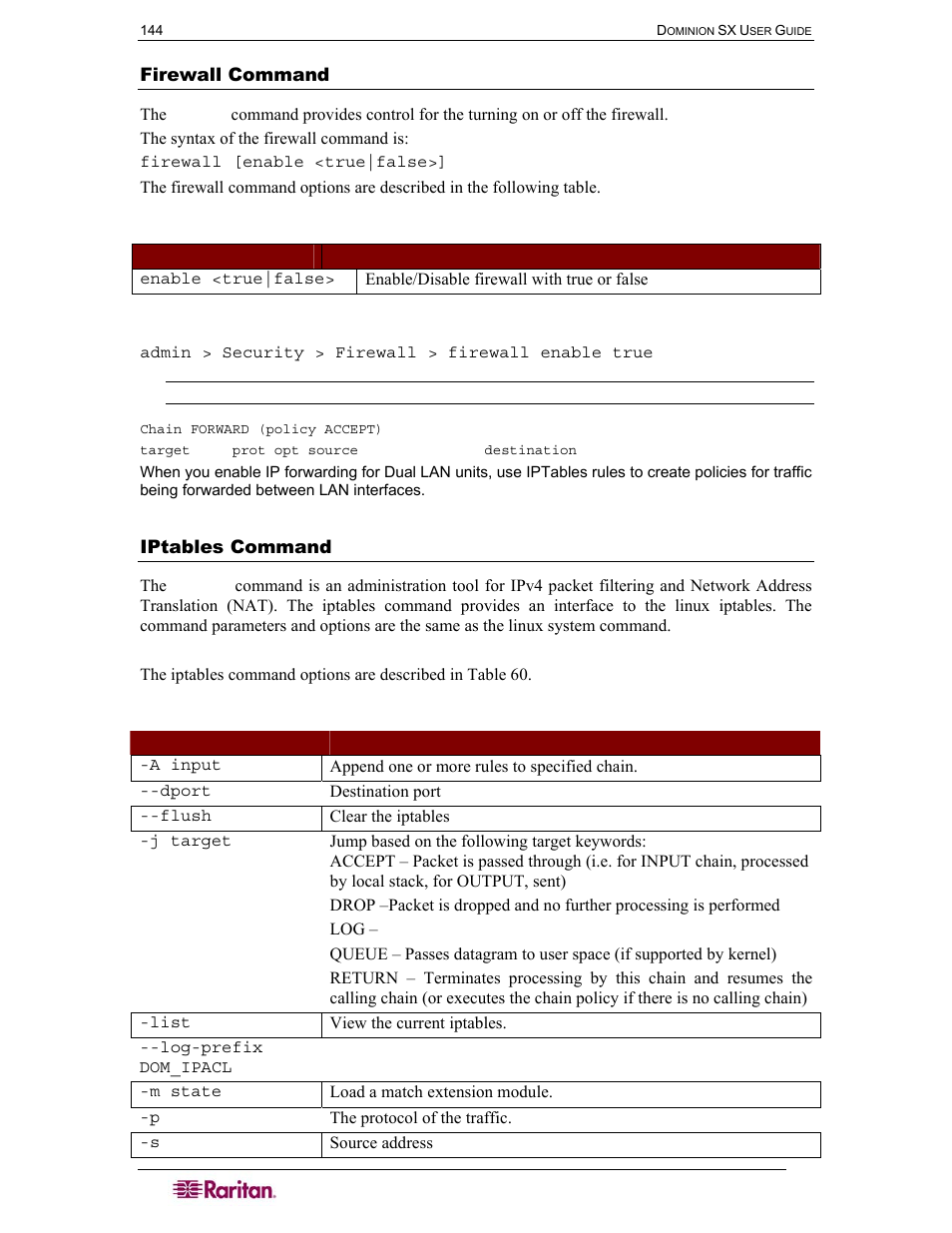 Firewall command, Iptables command, Table 59 firewall command | Table 60 iptables command | Raritan Computer SX User Manual | Page 162 / 226