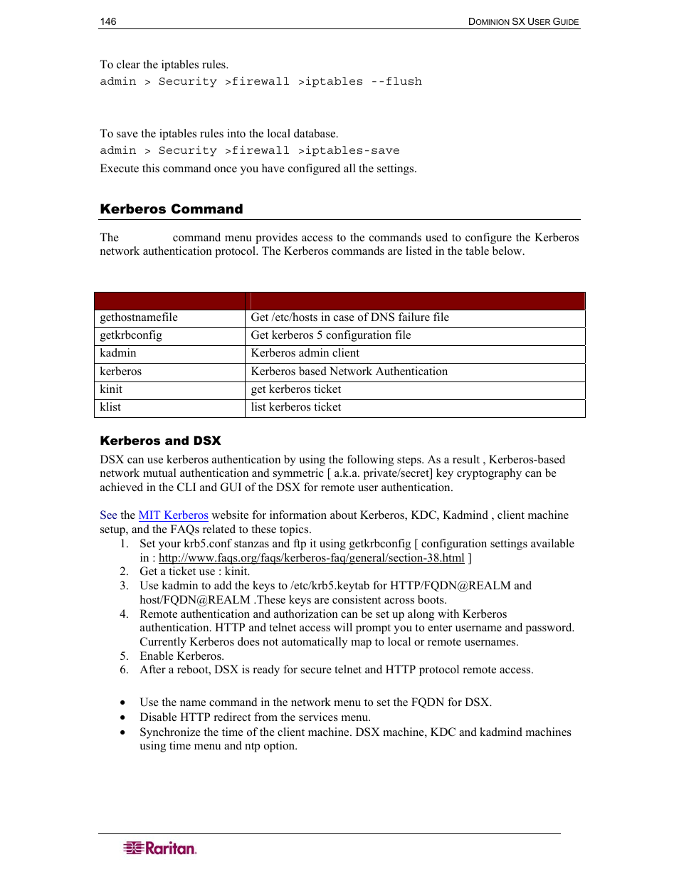 Kerberos command, Table 61 kerberos commands | Raritan Computer SX User Manual | Page 164 / 226