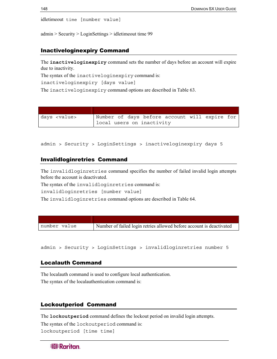 Inactiveloginexpiry command, Invalidloginretries command, Localauth command | Lockoutperiod command, Table 63 inactiveloginexpiry command, Table 64 invalidloginretries command | Raritan Computer SX User Manual | Page 166 / 226