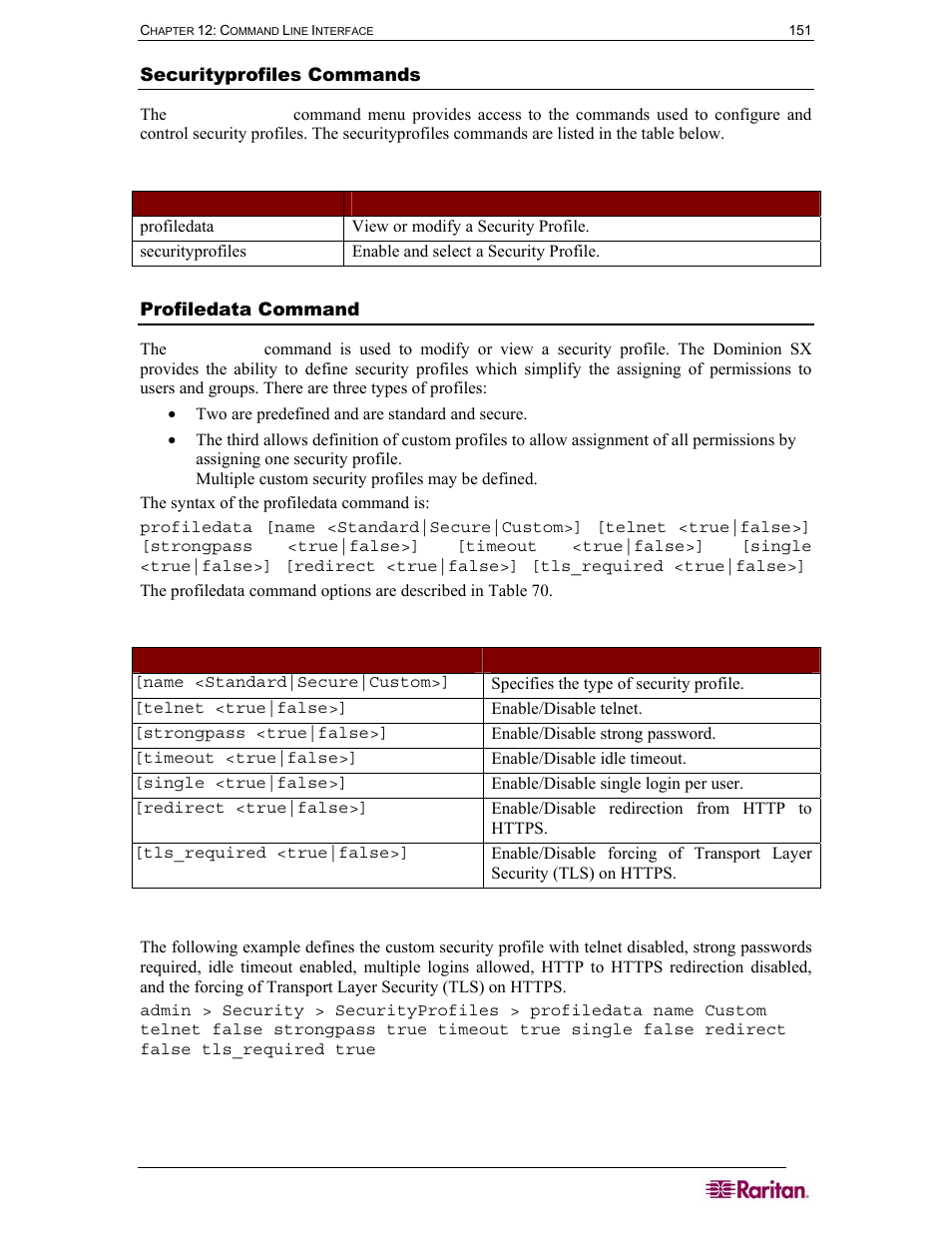 Securityprofiles commands, Profiledata command, Table 69 securityprofiles commands | Table 70 profiledata command | Raritan Computer SX User Manual | Page 169 / 226