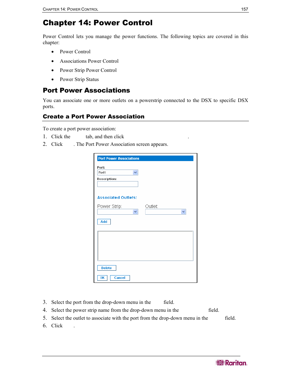 Chapter 14: power control, Port power associations, Create a port power association | Figure 107 port power association screen | Raritan Computer SX User Manual | Page 175 / 226