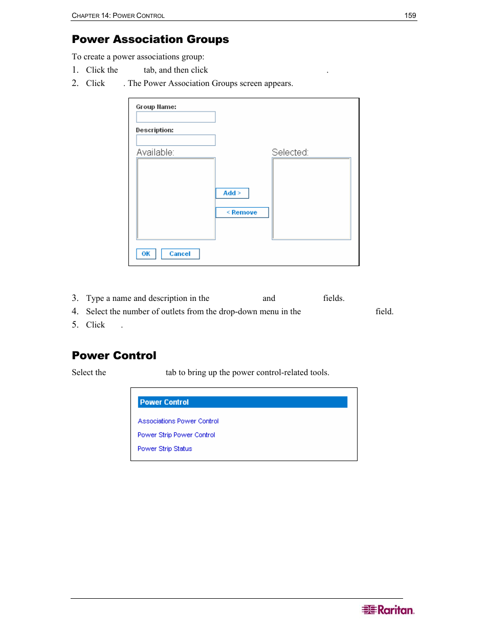 Power association groups, Power control, Figure 109 power association group screen | Figure 110 power control | Raritan Computer SX User Manual | Page 177 / 226