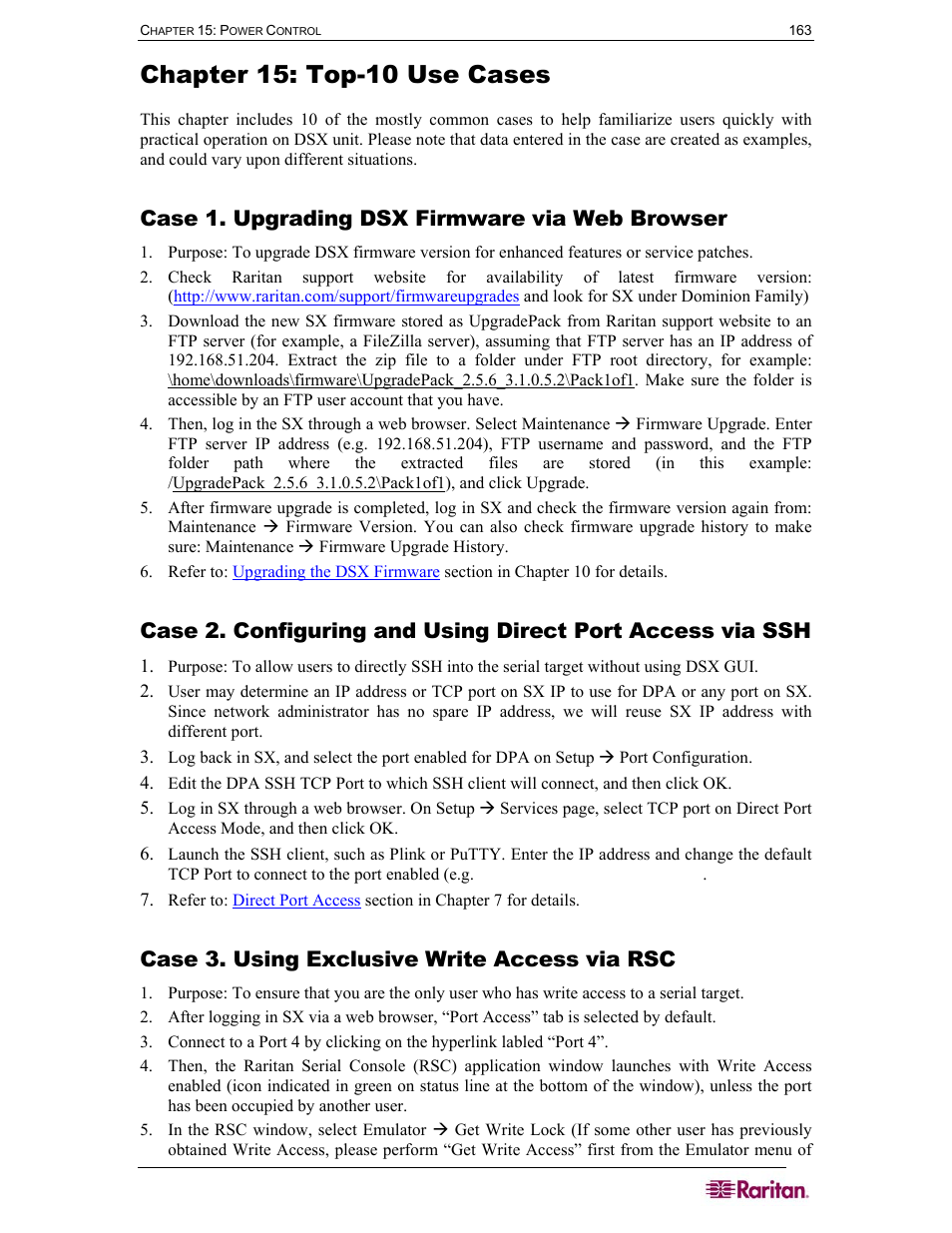 Chapter 15: top-10 use cases, Case 1. upgrading dsx firmware via web browser, Case 3. using exclusive write access via rsc | Raritan Computer SX User Manual | Page 181 / 226