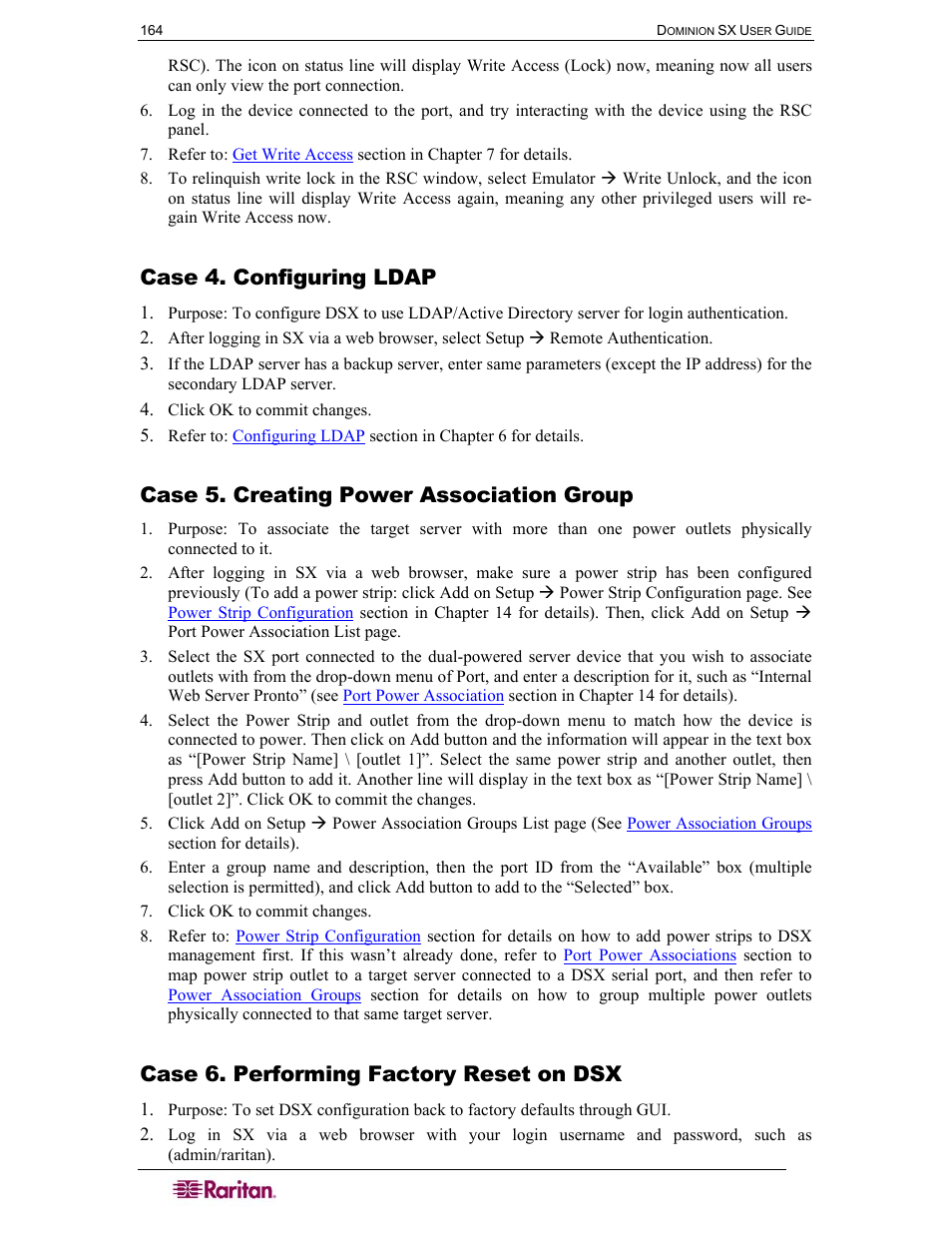 Case 4. configuring ldap, Case 5. creating power association group, Case 6. performing factory reset on dsx | Raritan Computer SX User Manual | Page 182 / 226