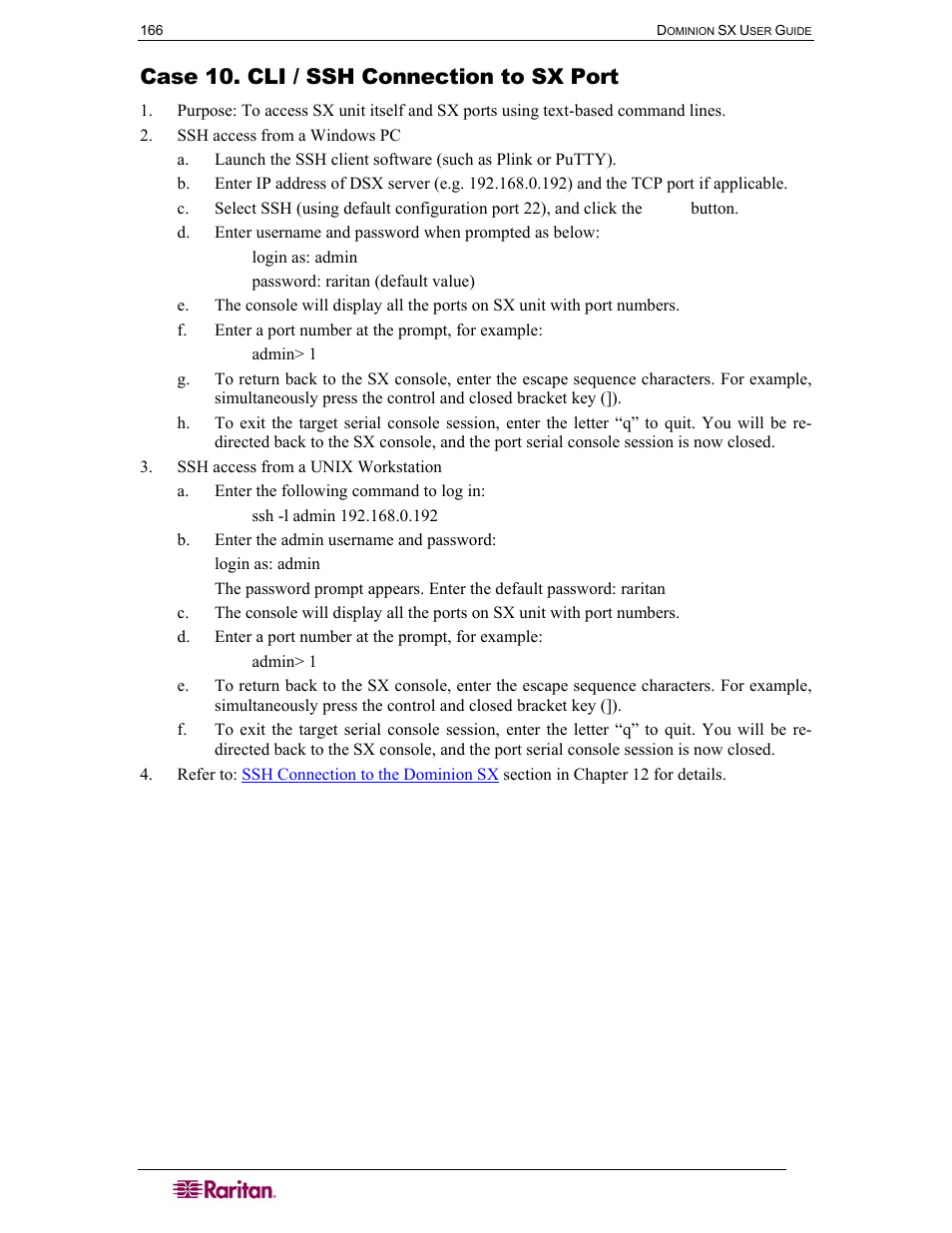 Case 10. cli / ssh connection to sx port | Raritan Computer SX User Manual | Page 184 / 226
