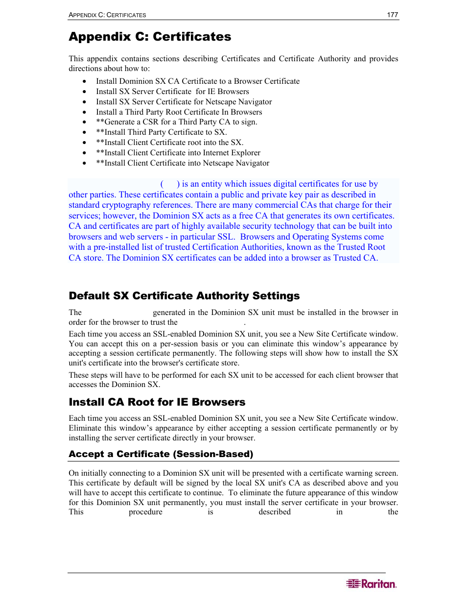 Appendix c: certificates, Default sx certificate authority settings, Install ca root for ie browsers | Accept a certificate (session-based) | Raritan Computer SX User Manual | Page 195 / 226