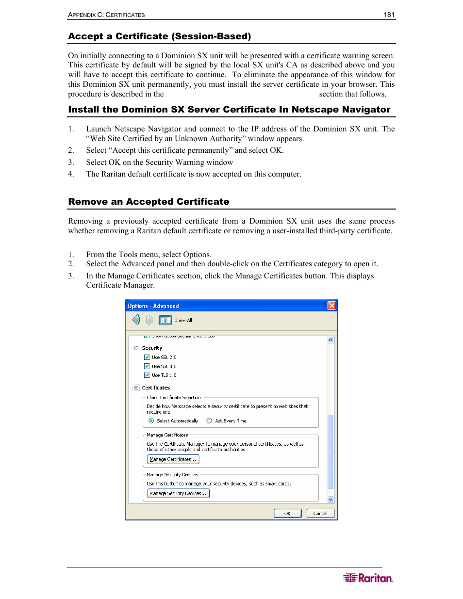 Accept a certificate (session-based), Remove an accepted certificate | Raritan Computer SX User Manual | Page 199 / 226