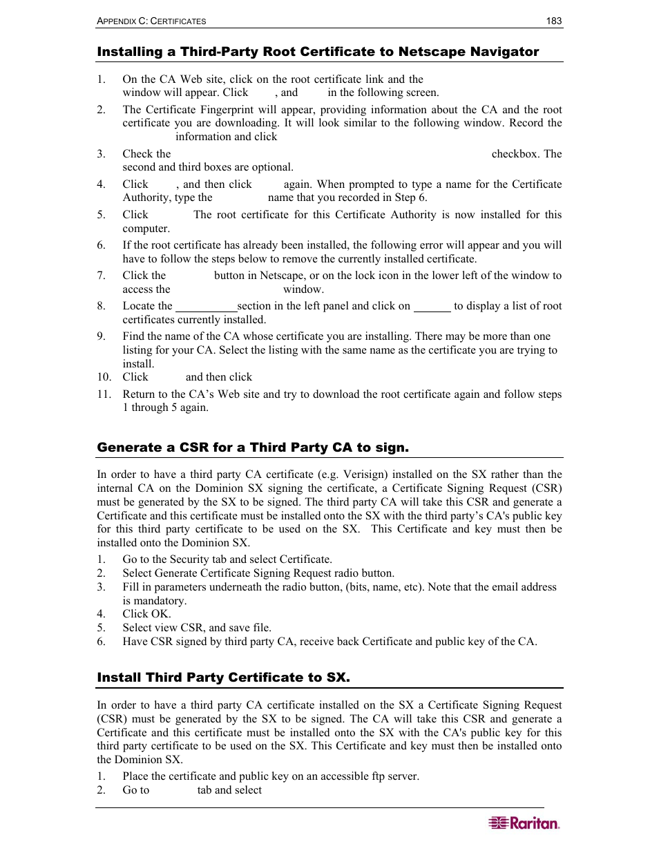 Generate a csr for a third party ca to sign, Install third party certificate to sx | Raritan Computer SX User Manual | Page 201 / 226
