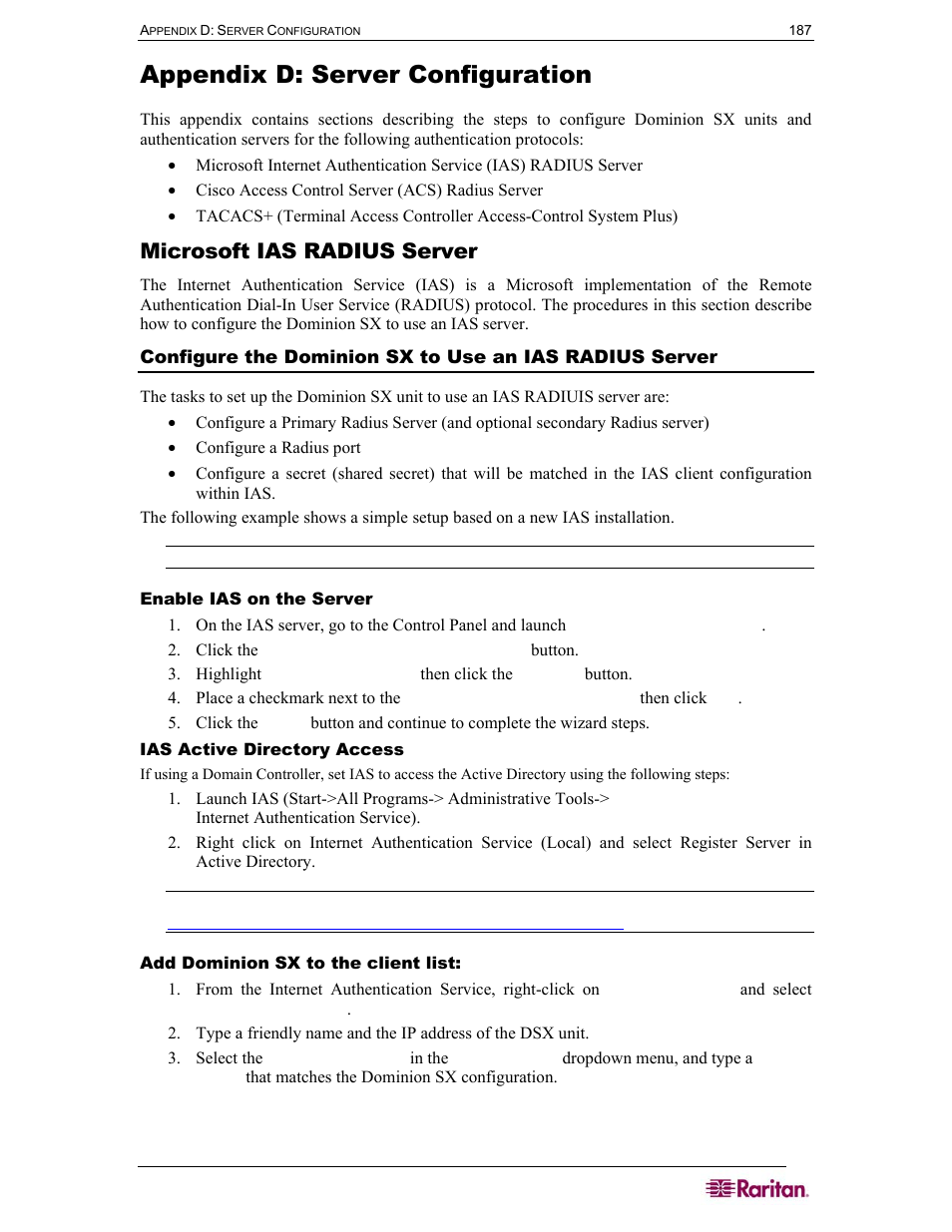 Appendix d: server configuration, Microsoft ias radius server | Raritan Computer SX User Manual | Page 205 / 226