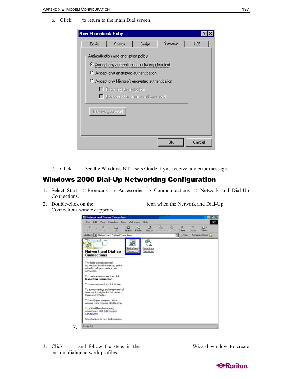 Windows 2000 dial-up networking configuration, Figure 119 dial-up security display | Raritan Computer SX User Manual | Page 215 / 226