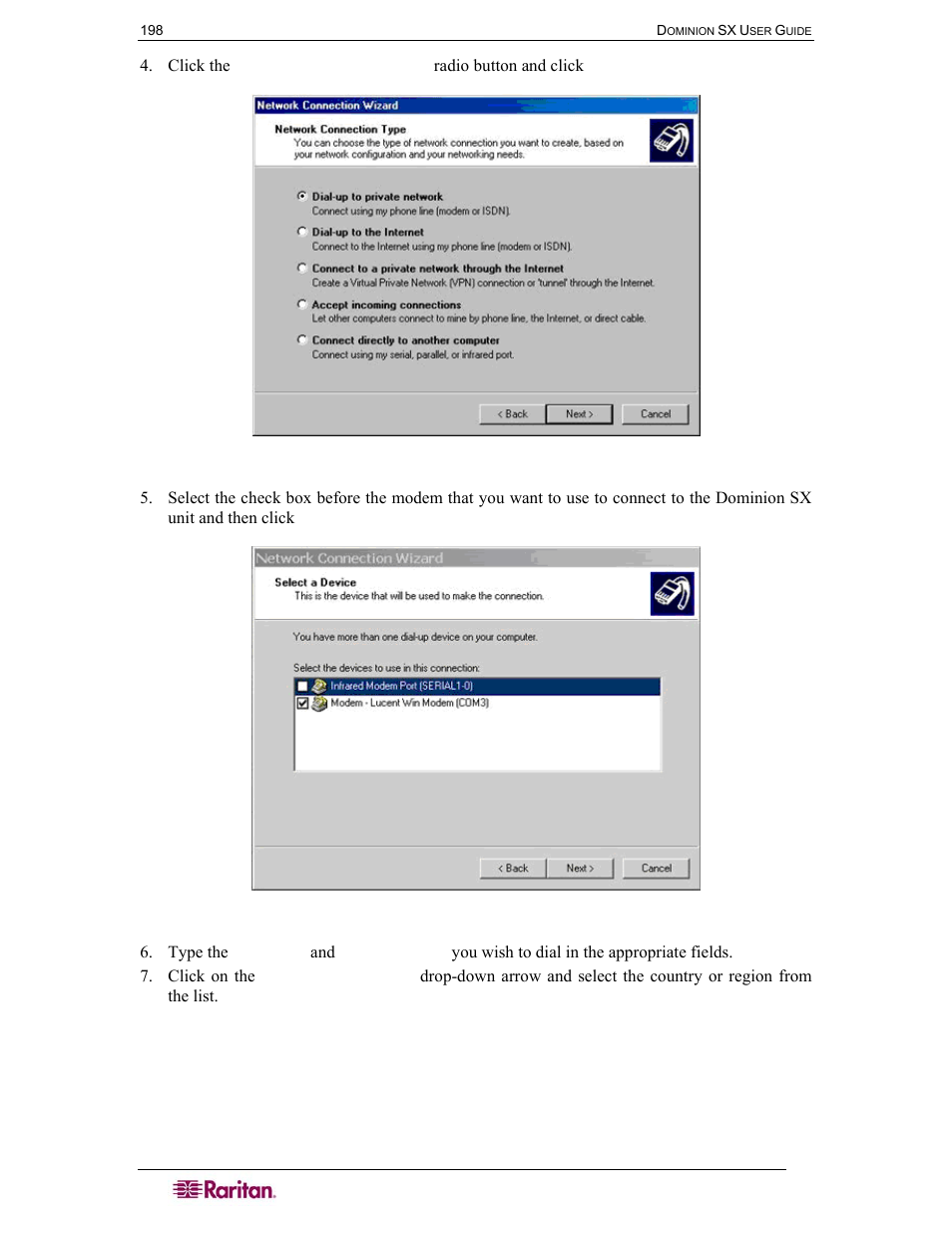 Figure 122 network connection type, Figure 123 device selection | Raritan Computer SX User Manual | Page 216 / 226