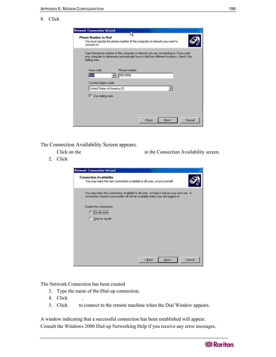 Figure 124 phone number to dial, Figure 125 connection availability | Raritan Computer SX User Manual | Page 217 / 226