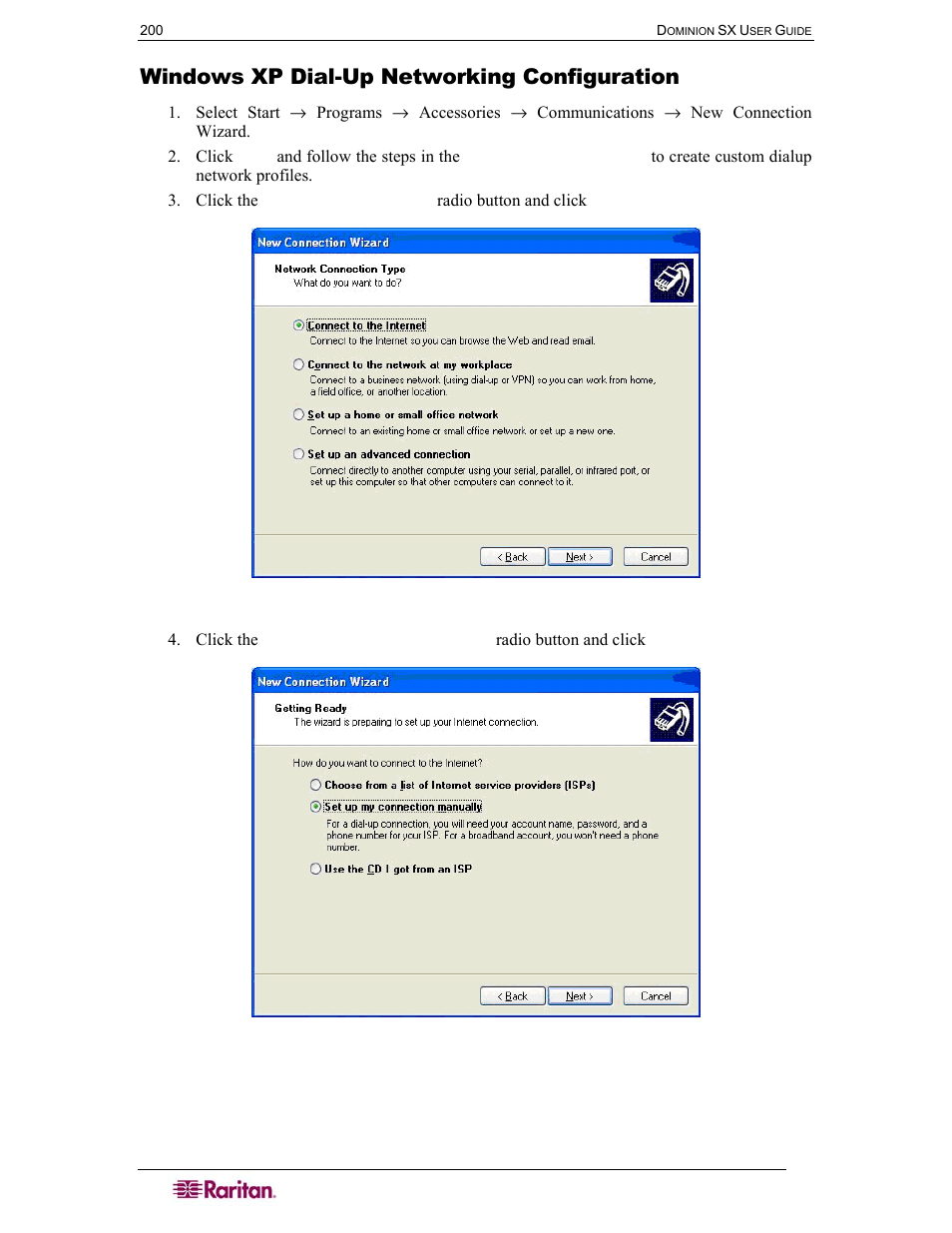Windows xp dial-up networking configuration, Figure 128 network connection type, Figure 129 device selection | Raritan Computer SX User Manual | Page 218 / 226