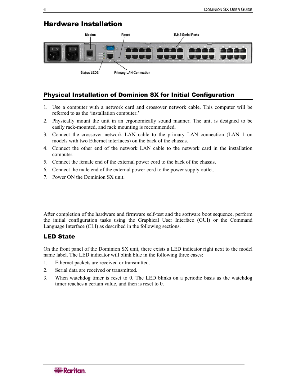 Hardware installation, Led state, Figure 2 rear panel of the dsxa-32 | Raritan Computer SX User Manual | Page 24 / 226