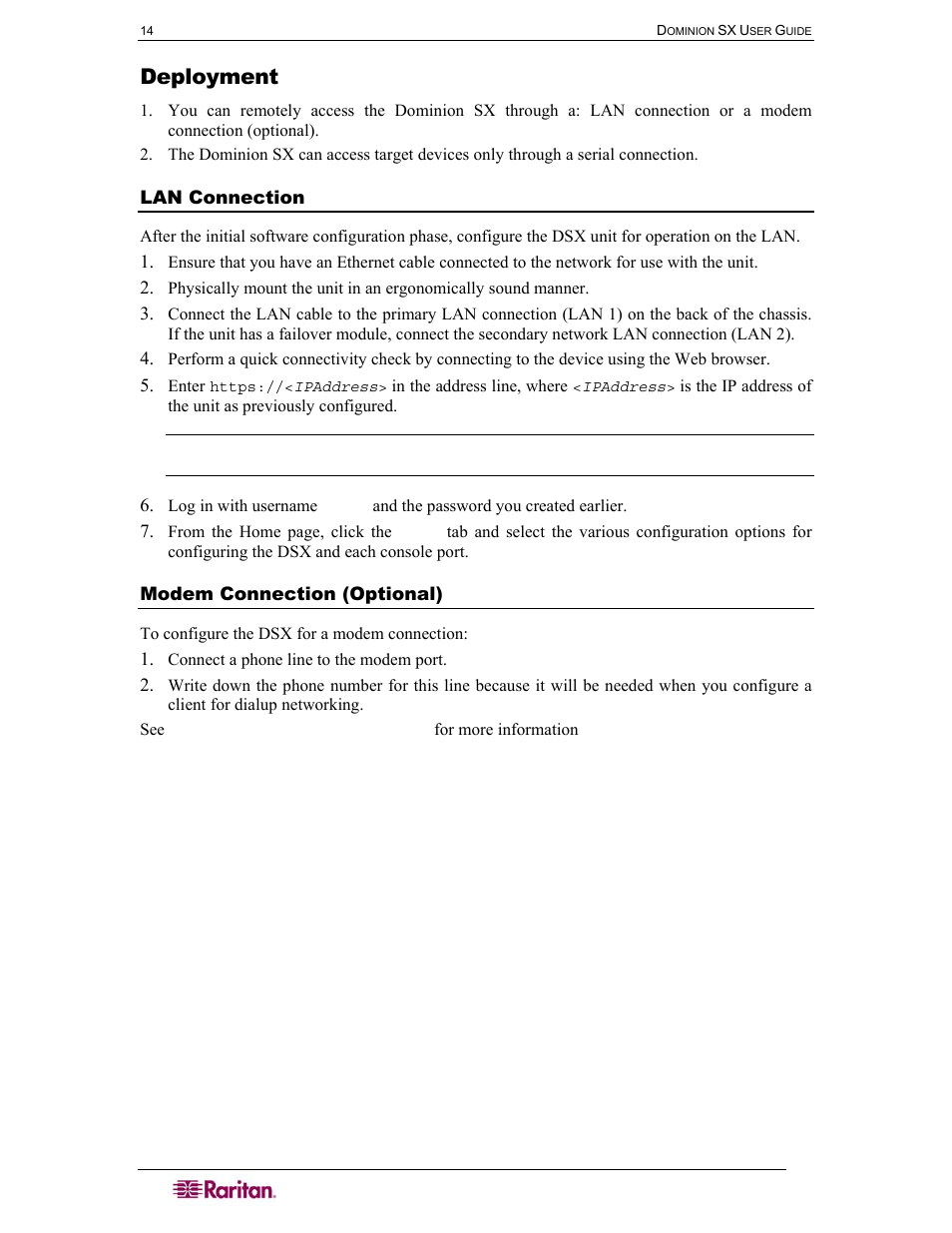 Deployment, Lan connection, Modem connection (optional) | Raritan Computer SX User Manual | Page 32 / 226