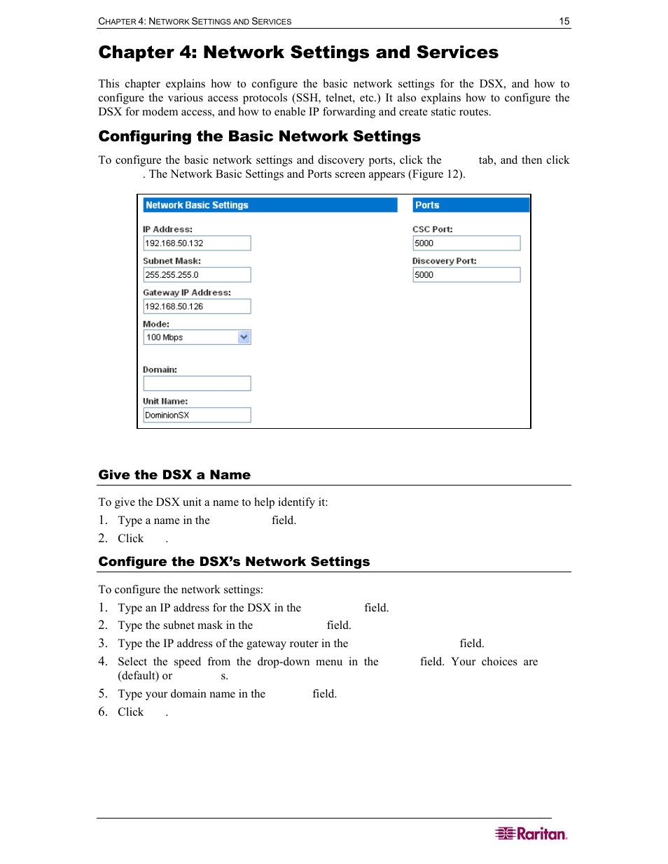 Chapter 4: network settings and services, Configuring the basic network settings, Give the dsx a name | Configure the dsx’s network settings, Figure 14 network basic settings and ports screen | Raritan Computer SX User Manual | Page 33 / 226