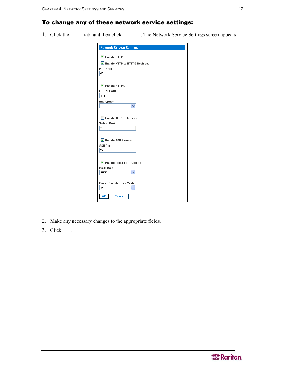 To change any of these network service settings, Figure 15 network service settings | Raritan Computer SX User Manual | Page 35 / 226