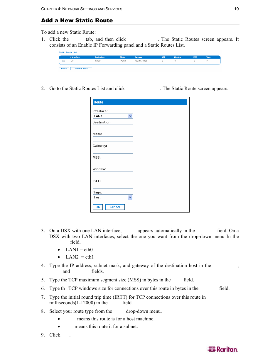 Add a new static route, Figure 18 static routes list, Figure 19 static route screen | Raritan Computer SX User Manual | Page 37 / 226