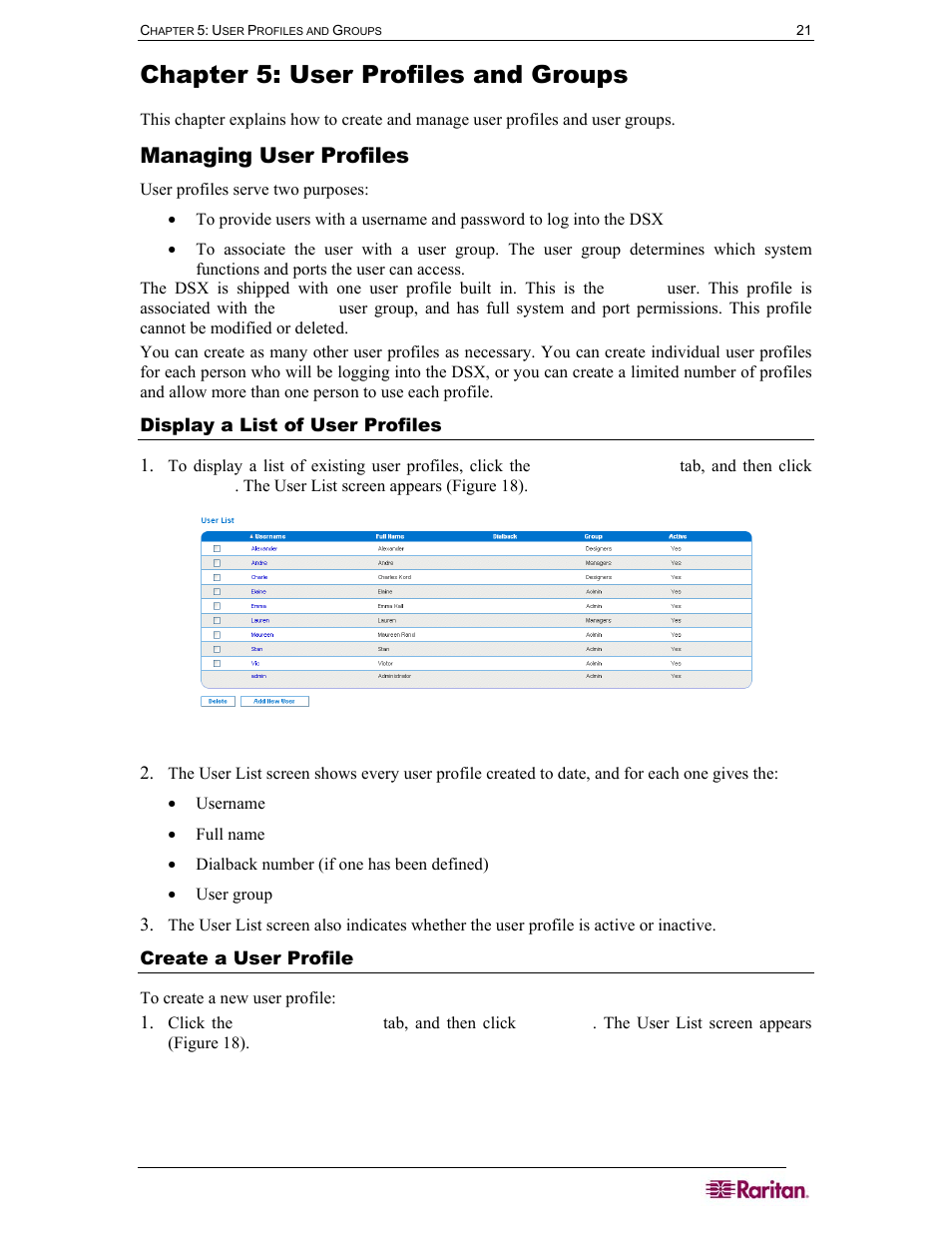 Chapter 5: user profiles and groups, Managing user profiles, Display a list of user profiles | Create a user profile, Figure 20 user list screen | Raritan Computer SX User Manual | Page 39 / 226