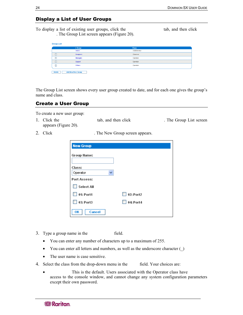 Display a list of user groups, Create a user group, Figure 22 group list screen | Figure 23 new group screen | Raritan Computer SX User Manual | Page 42 / 226