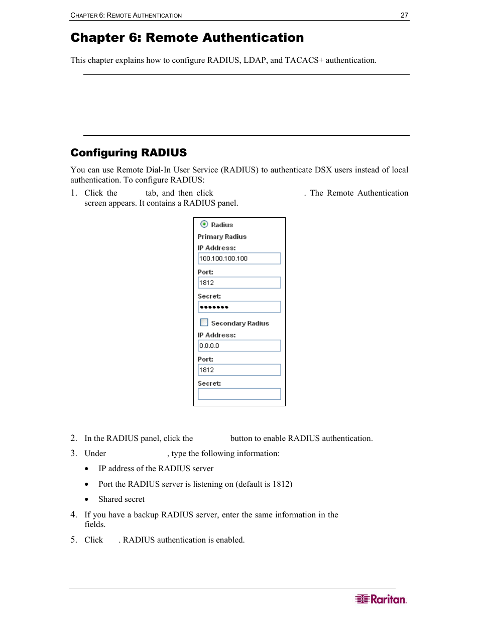 Chapter 6: remote authentication, Configuring radius, Figure 24 radius panel | Raritan Computer SX User Manual | Page 45 / 226