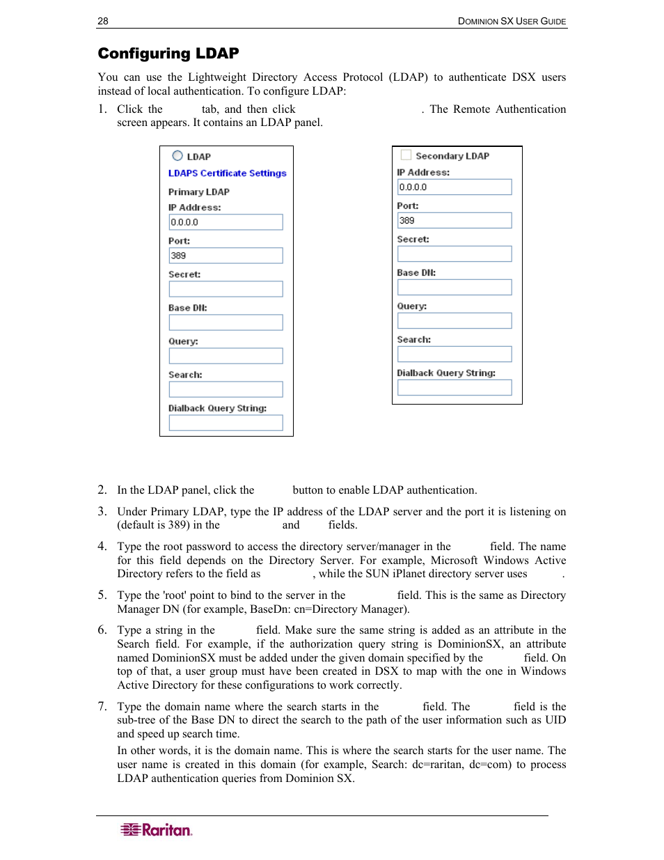 Configuring ldap, Figure 25 ldap panel | Raritan Computer SX User Manual | Page 46 / 226