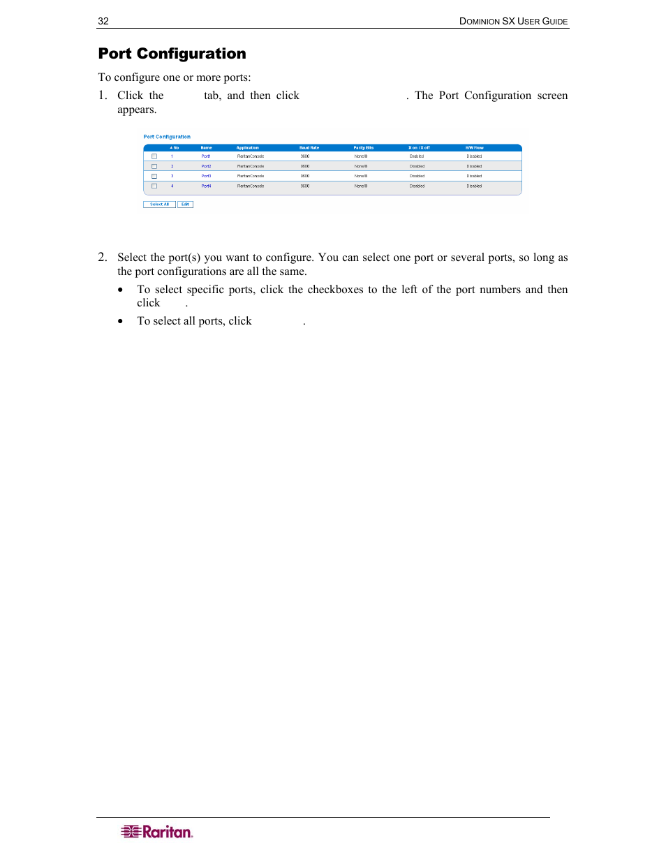 Port configuration, Figure 28 port configuration screen | Raritan Computer SX User Manual | Page 50 / 226
