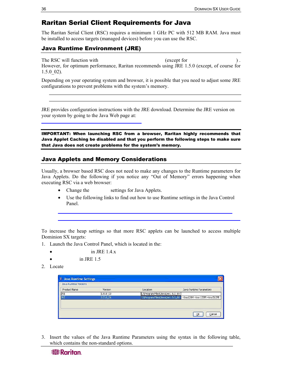 Raritan serial client requirements for java, Java runtime environment (jre), Java applets and memory considerations | Figure 34 java runtime settings | Raritan Computer SX User Manual | Page 54 / 226