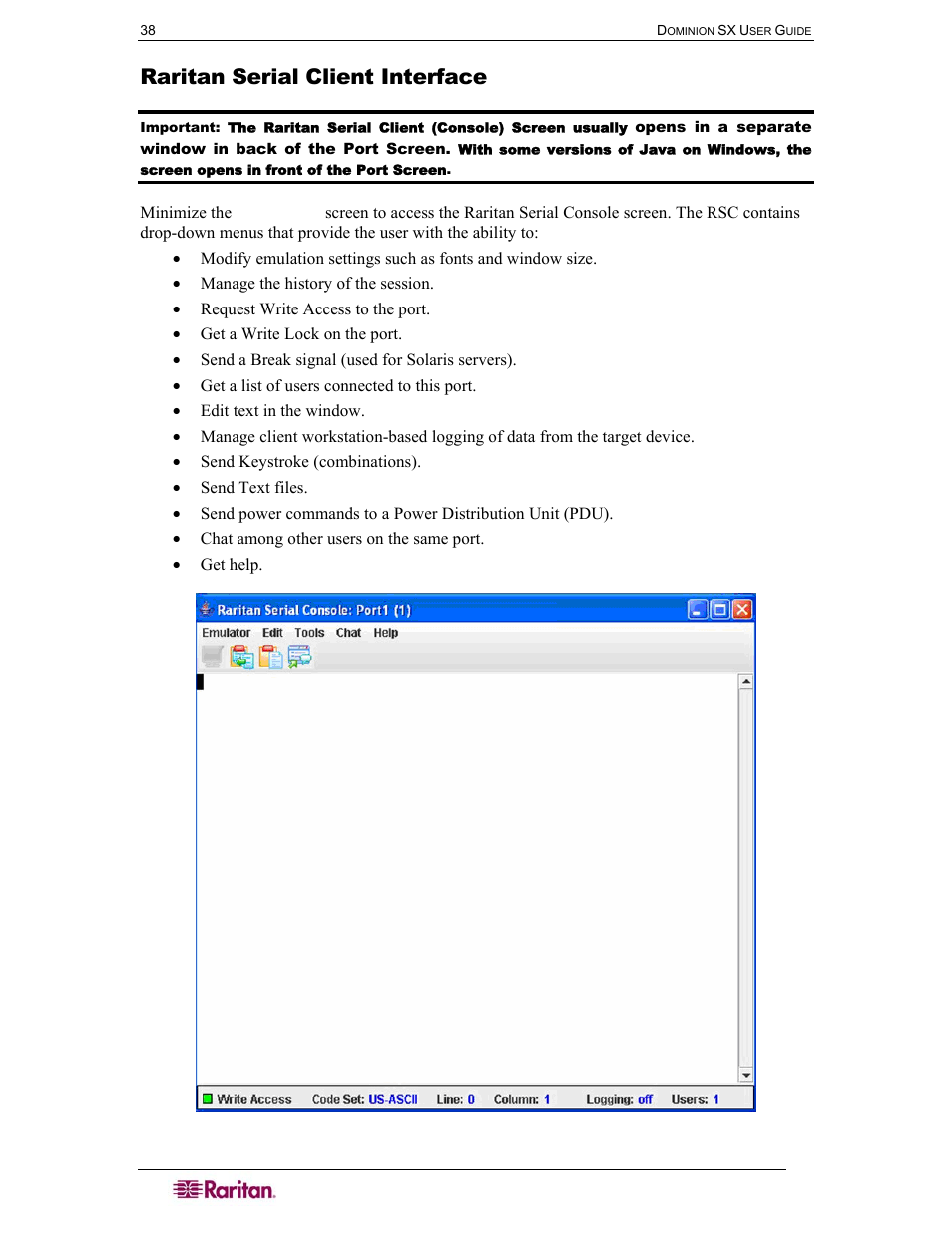 Raritan serial client interface, Figure 35 raritan serial client window, Raritan serial client interface section in | Raritan Computer SX User Manual | Page 56 / 226