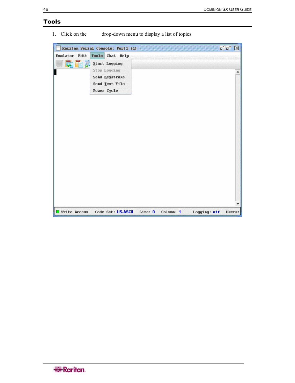 Tools, Figure 46 tools menu | Raritan Computer SX User Manual | Page 64 / 226